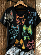 Women'S Fun Cat Sketched Round Neck T-Shirt