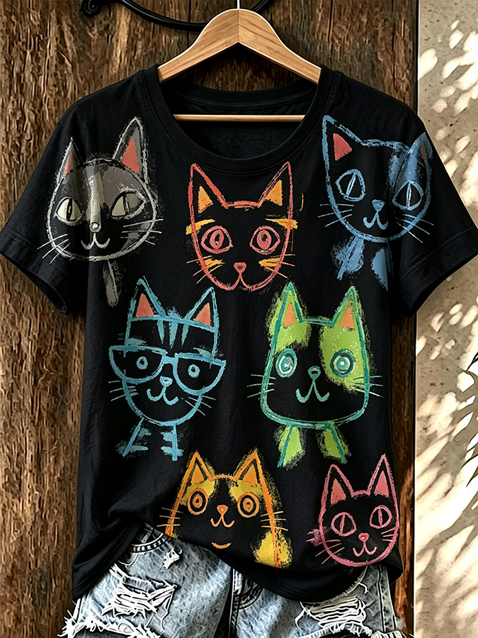Women'S Fun Cat Sketched Round Neck T-Shirt