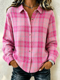 Women's Pink Plaid Print Lapel Long Sleeve Shirt