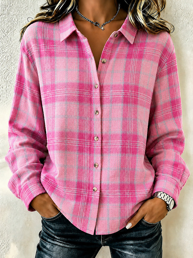 Women's Pink Plaid Print Lapel Long Sleeve Shirt