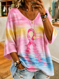 Women'S Casual Pink Breast Cancer Awareness Print V-Neck 7-Sleeve T-Shirt