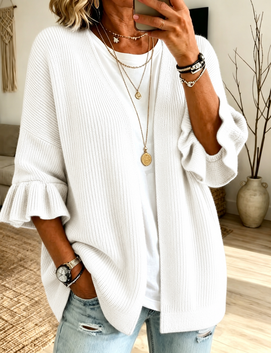 Women'S Casual Solid Color Lotus Leaf Sleeve Cardigan