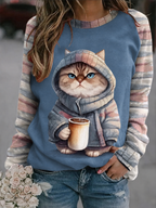 Women's retro cat art printed round neck shoulder sweatshirt