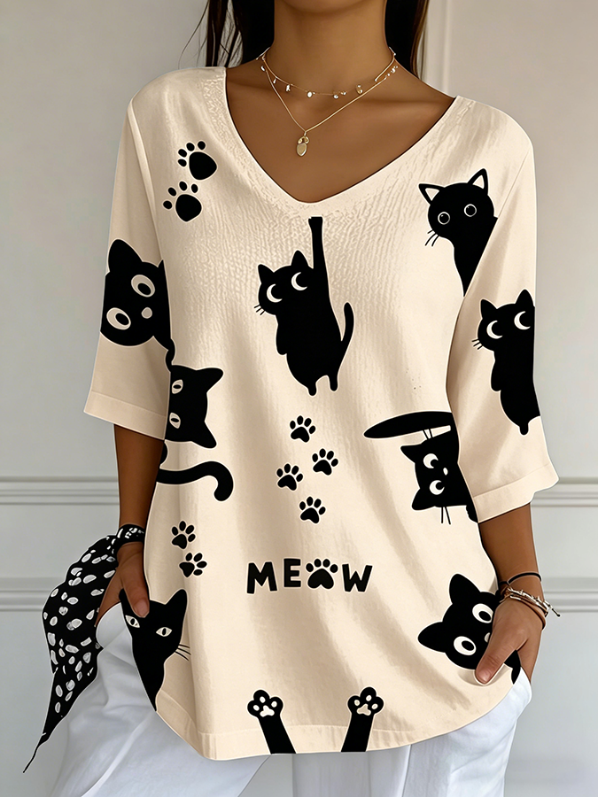 Women'S Cat Printed Casual T-Shirt
