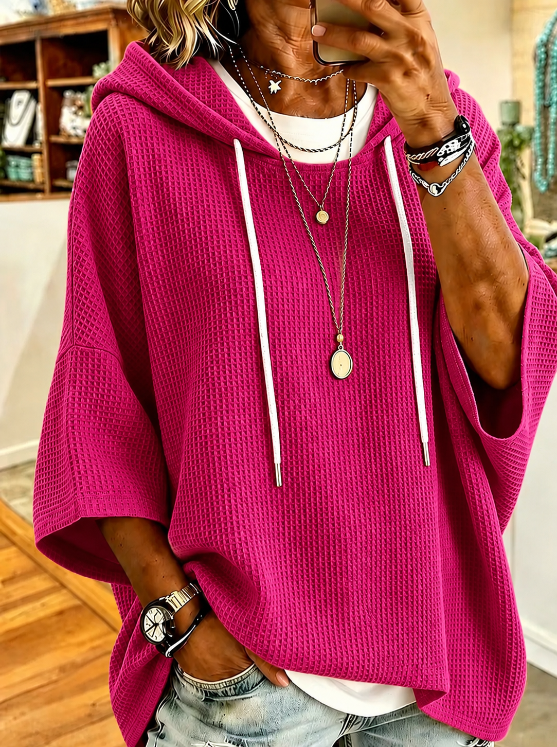 Women'S Solid Color Checkered Hooded Sweatshirt