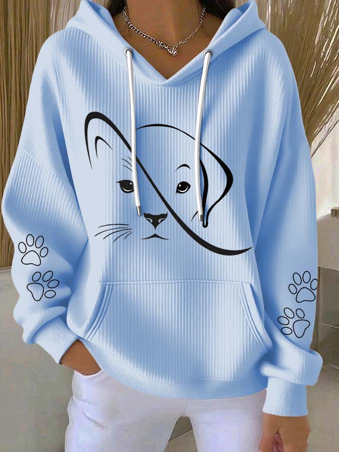 Women'S Cute Cat And Dog Print Hooded Knitted Long Sleeved Sportswear