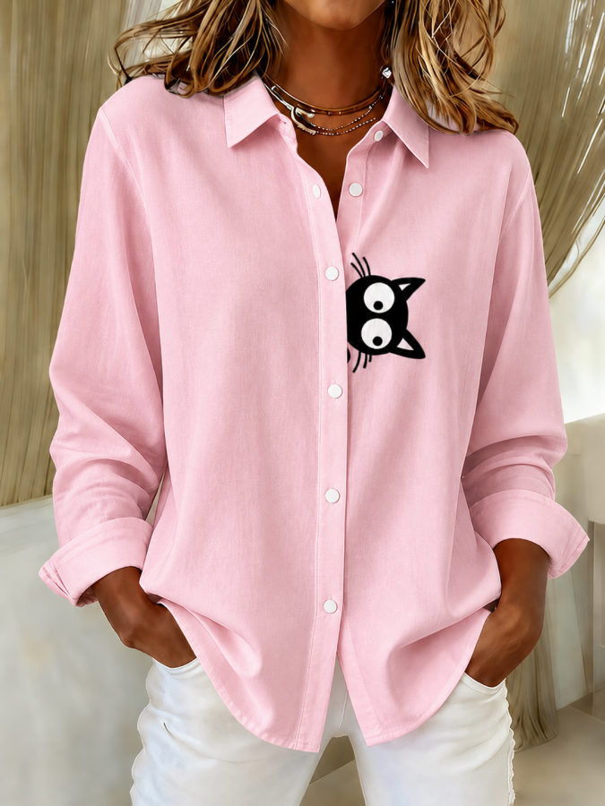 Women'S Creative Cat Printed Lapel Long Sleeve Shirt