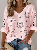 Women's Line Art Cat Paw Print V Neck Waffle Blouse