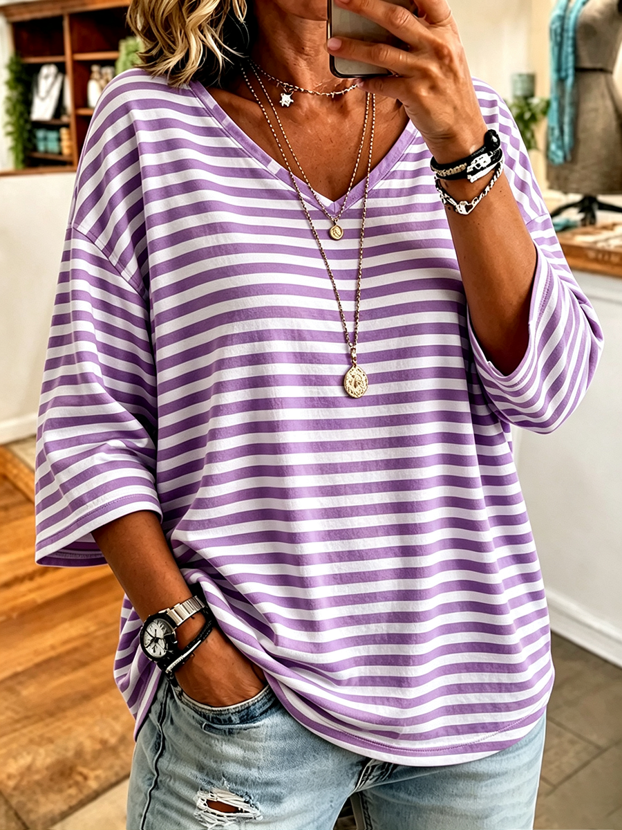 Women's Casual Striped V-Neck T-Shirt