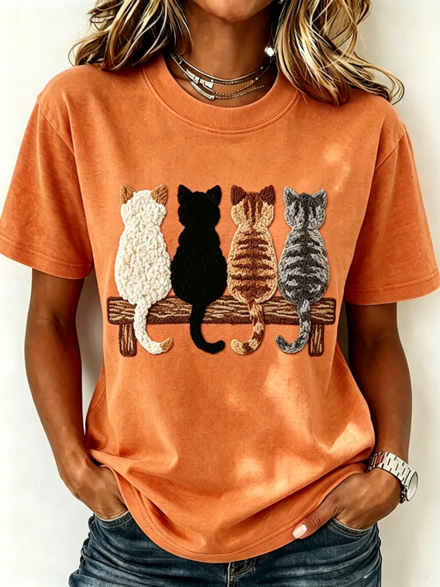 Women's Animals Cat Printed Fashion Loose Short Sleeve T-Shirt