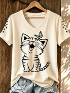 Women'S Cat Printed V-Neck T-Shirt
