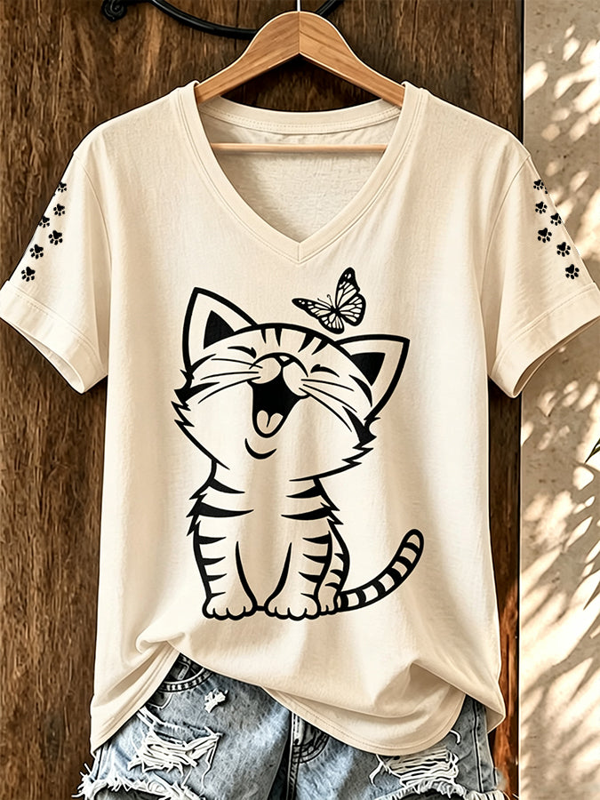 Women'S Cat Printed V-Neck T-Shirt