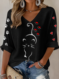 Cute And Simple Pen Cat Print V-Neck