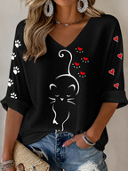Cute And Simple Pen Cat Print V-Neck
