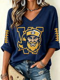 Women'S Rugby Patterned Waffle V-Neck Top