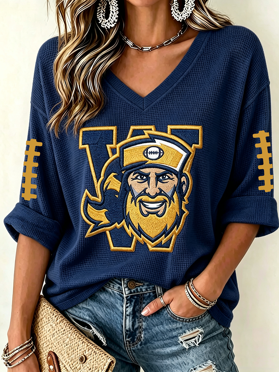 Women'S Rugby Patterned Waffle V-Neck Top