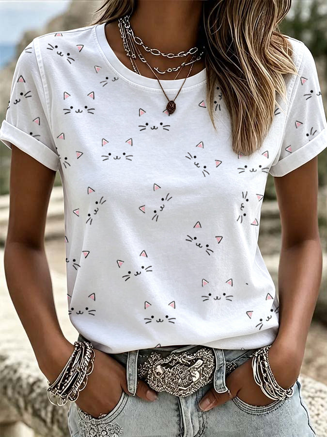 Women'S Cat Printed Casual T-Shirt