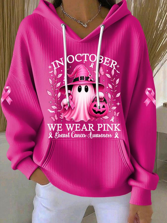 Women'S In October We Wear Pink  Printed Casual Hoodie