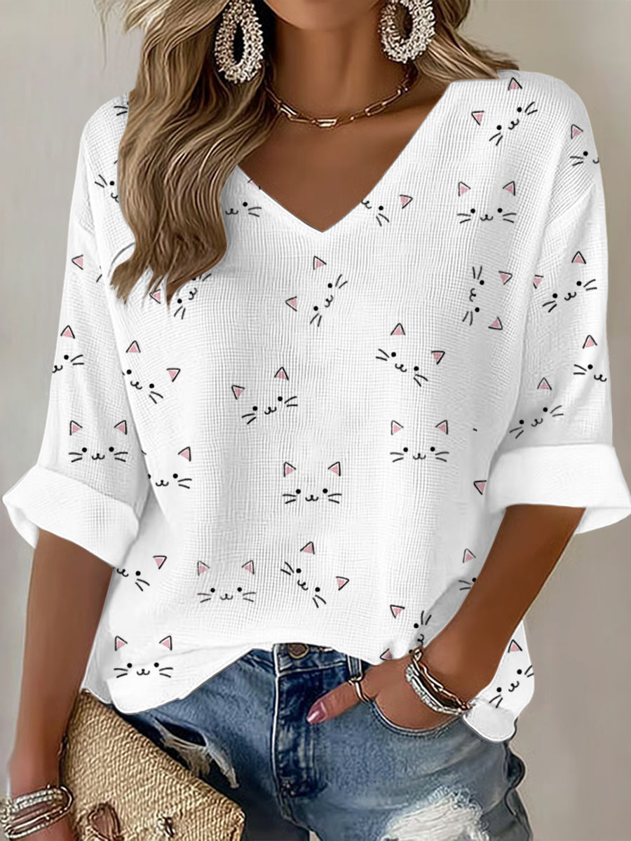 Women'S Cat Printed Waffle T-Shirt
