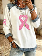 Women'S Casual Contrasting Heart-Shaped Ribbon Waffle Top
