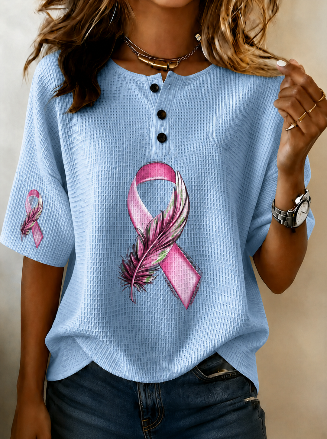 Women'S Breast Cancer Awareness Print Henry Neck Short Sleeve Waffle T-Shirt