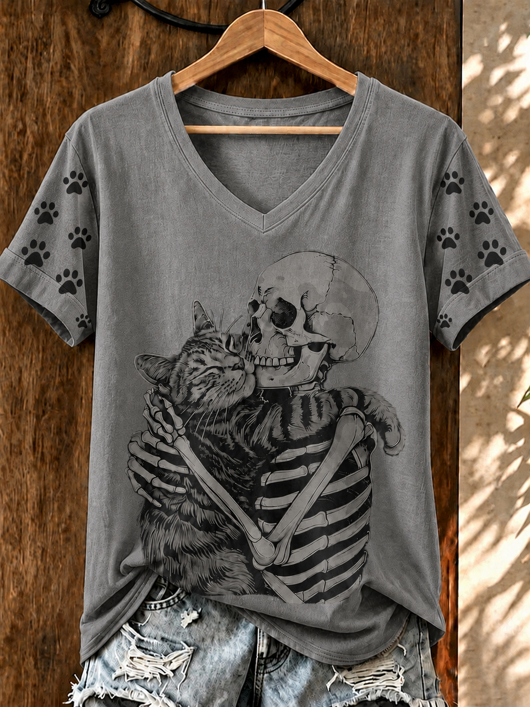 Women'S Cat Skull Printed Casual V-Neck T-Shirt