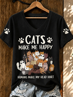 Women'S Cute Cat Printed Casual V-Neck T-Shirt
