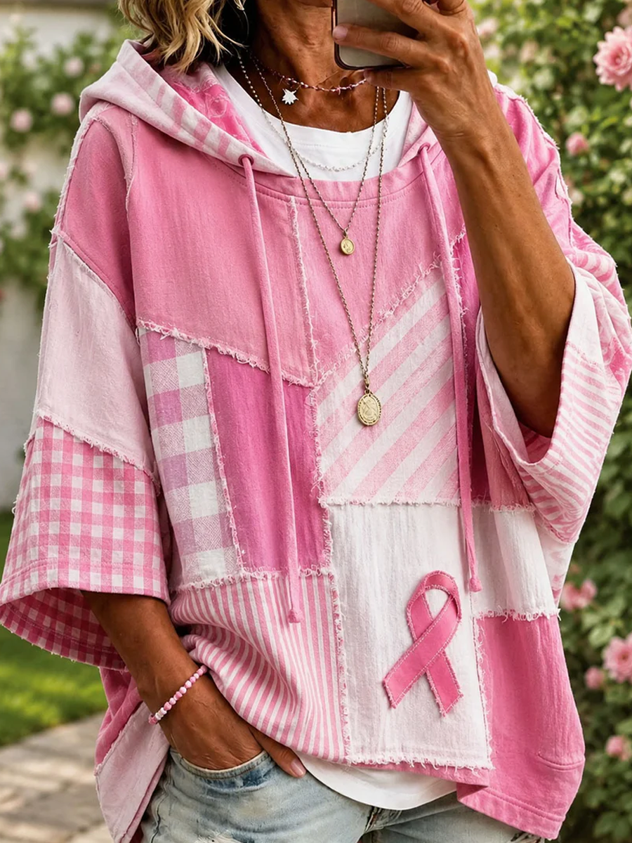Women'S Pink Patched Art Printed Hoodie
