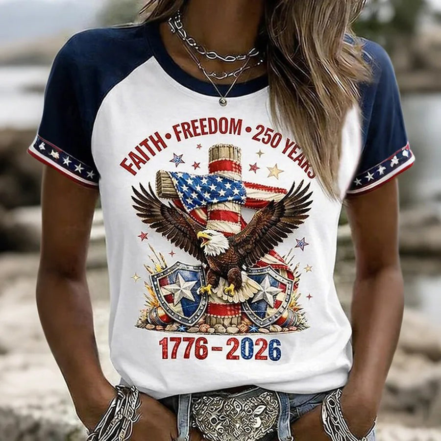 Women's American 250th Anniversary Patriotic Print Round Neck T Shirt