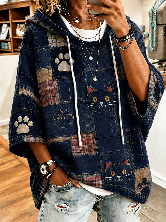 Retro Animal Cat Printed Hoodie