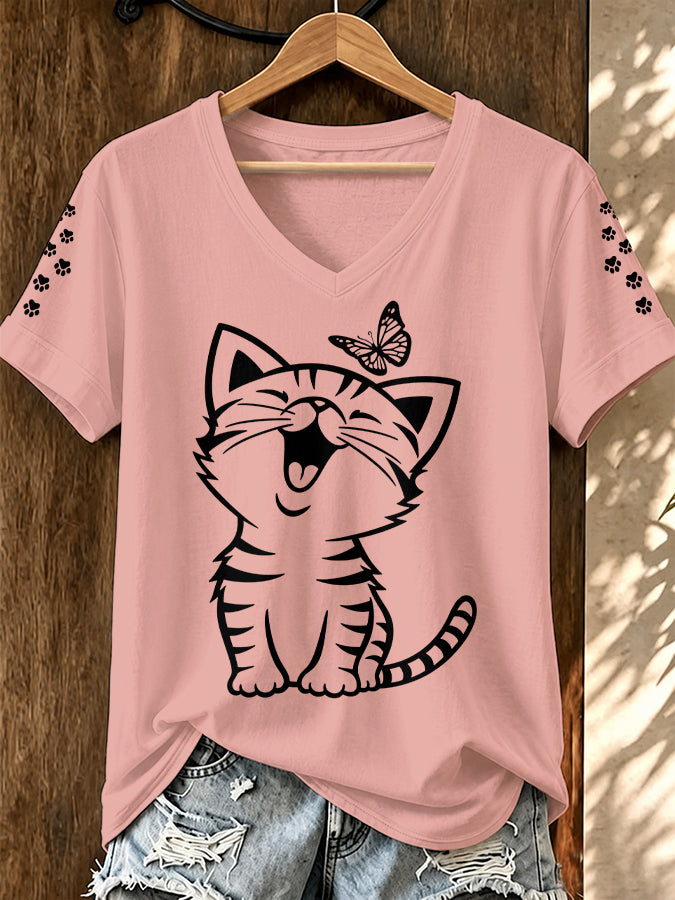 Women'S Cat Printed V-Neck T-Shirt