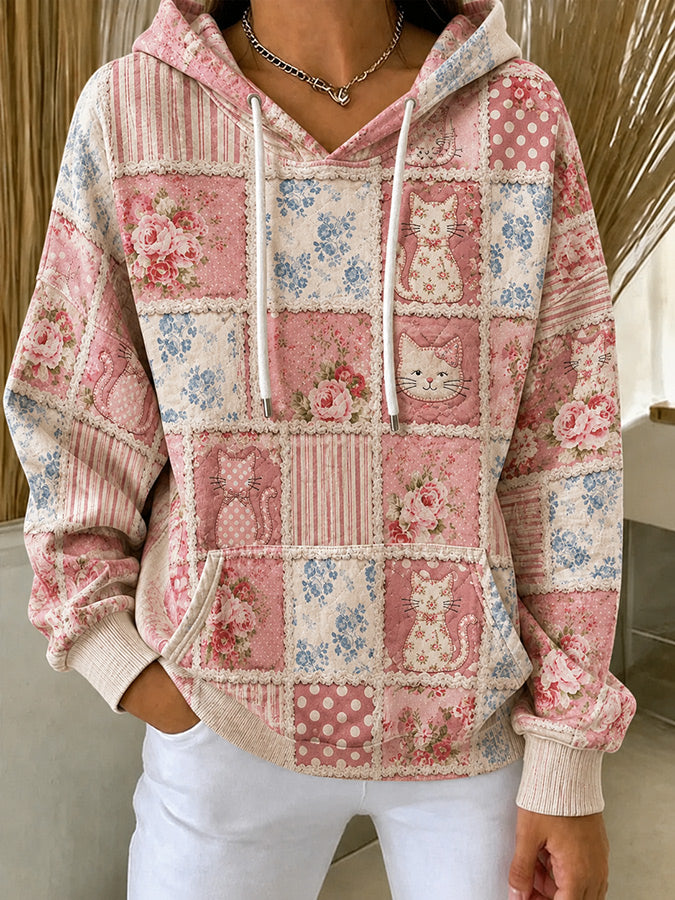 Female Casual Pink Art Cat Hoodie