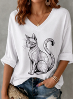 Women's Cat Lover Geometric Black Cat Printed V-neck T-shirt