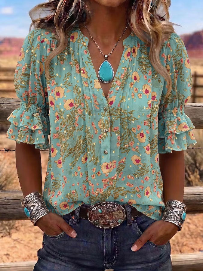 Women's Contrasting Art Bubble Sleeve Casual Shirt
