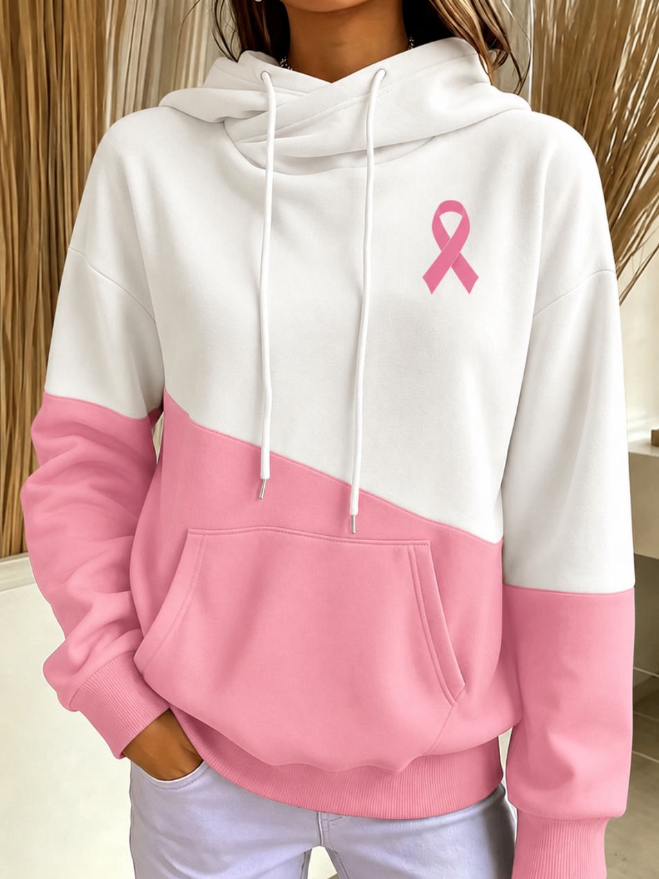 Women's Casual Color Contrast Breast Cancer Art Ribbon High Neck Sweater