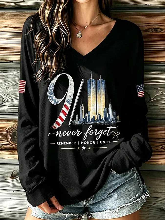 🕯️Women's "Never Forget 9/11" Pattern Comfortable V-Neck Retro T-Shirt