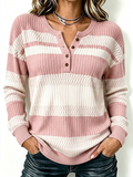 Women's Striped Henley Button Knitted Top