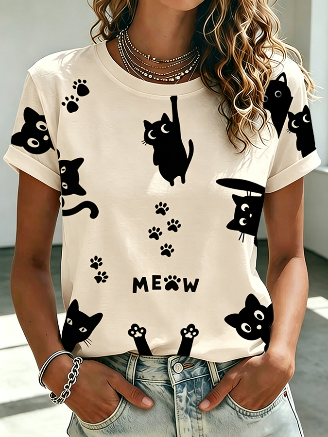 Women's Cute Cat Printed Casual T-shirt