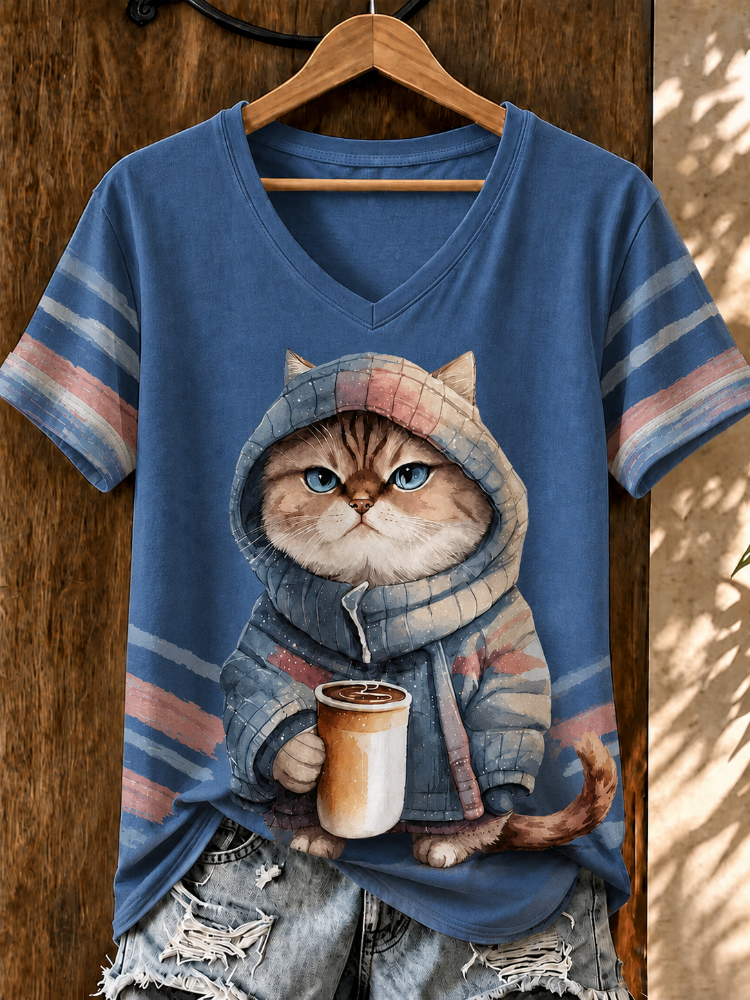 Women'S Cute Cat Printed Casual V-Neck T-Shirt
