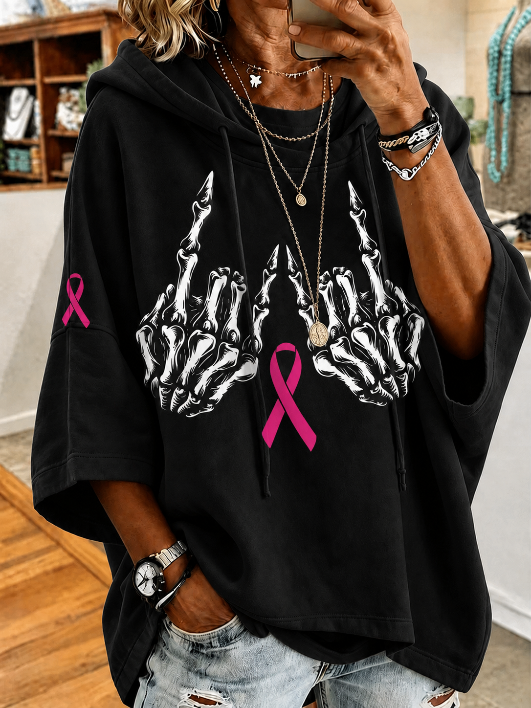 Women's Casual Skull Hand Pink Ribbon Loose Hooded Sweatshirt