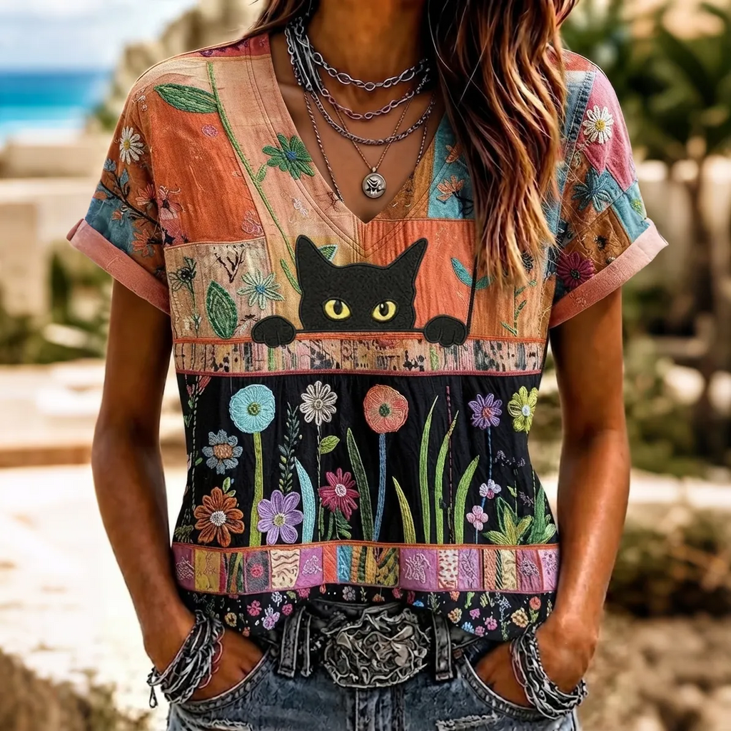 Women's Hippie Cute Cat In Patchwork Art Embroidered Linen Blend V Neck Tshirt