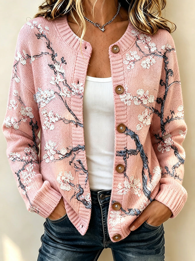 Ladies' Casual Oil Painting Knitted Cardigan Top