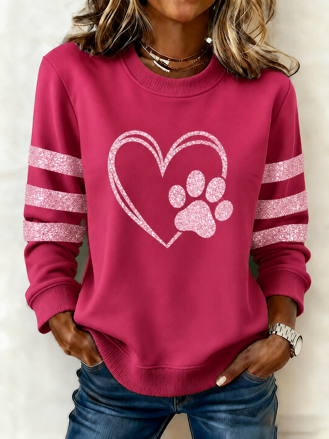Ladies' Love Sequin Printed Round Neck Sports Shirt