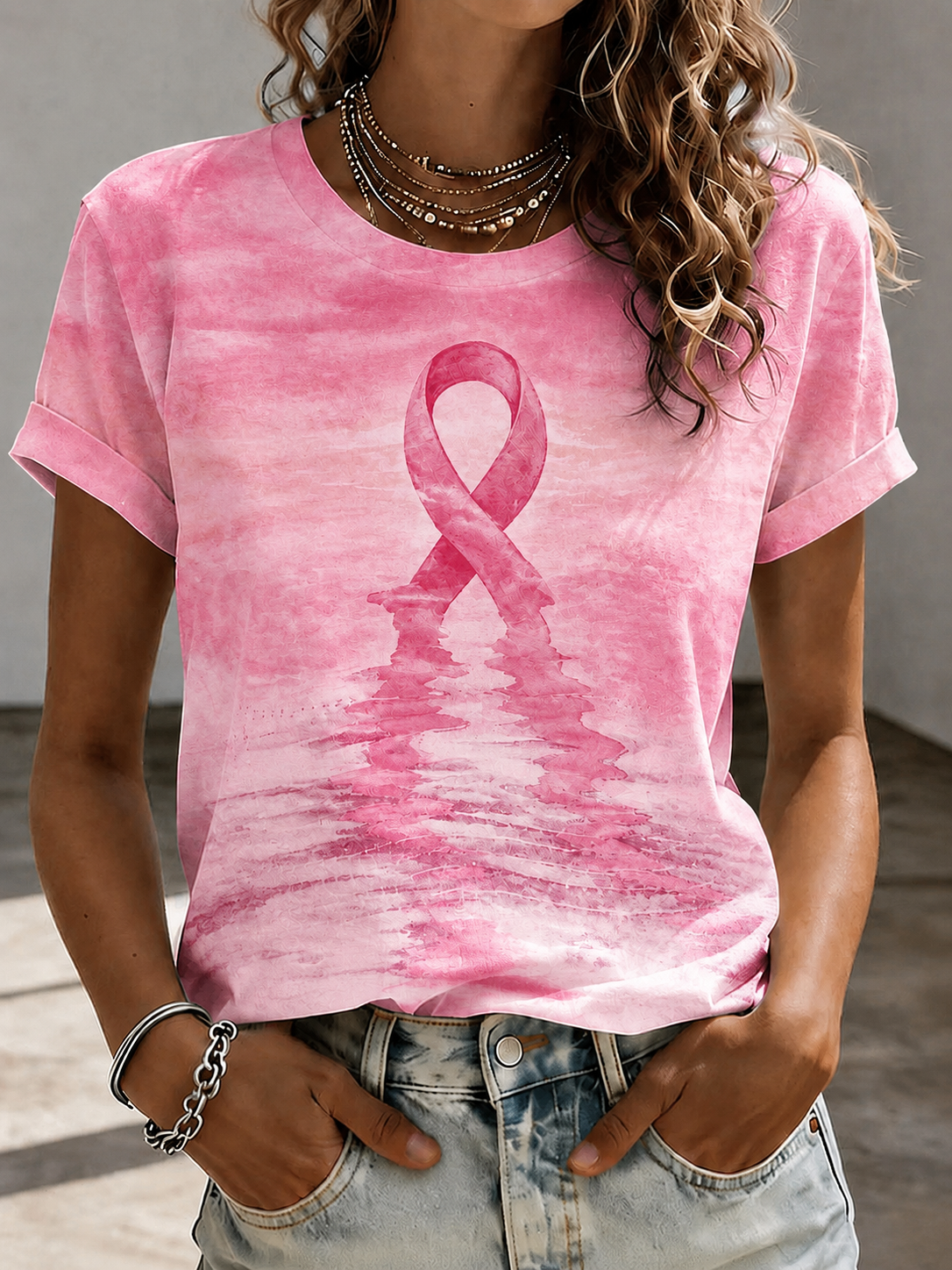 Women's pink tie breast cancer awareness print round neck short sleeve T-shirt