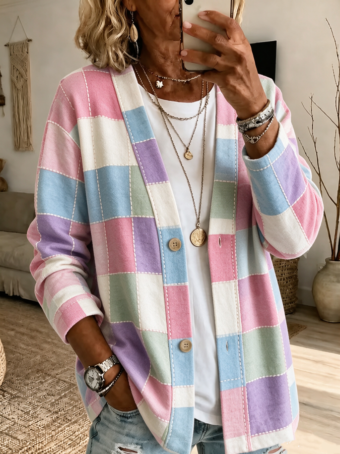 Women'S Pink Art Print Casual Cardigan