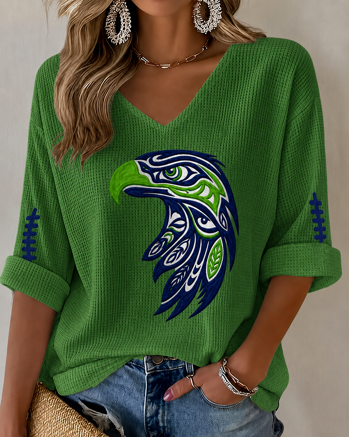 Women'S Seattle Football Vintage Fashion Printed Waffle T-Shirt