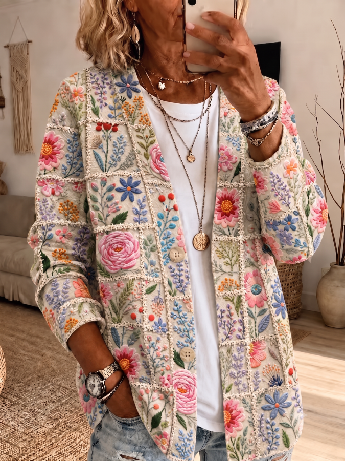 Women'S Pink Art Print Casual Cardigan