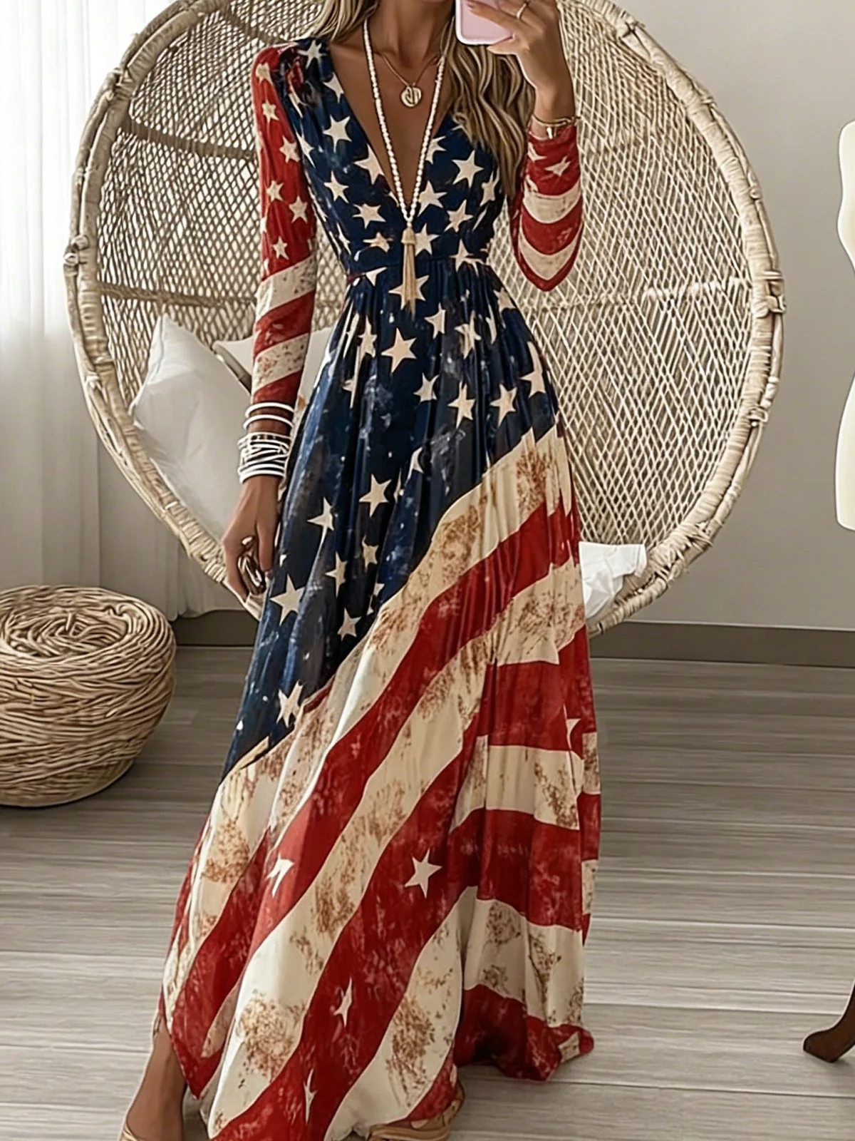 Women Geometric Spring/Fall Dress V Neck Long Sleeve A-Line Dress