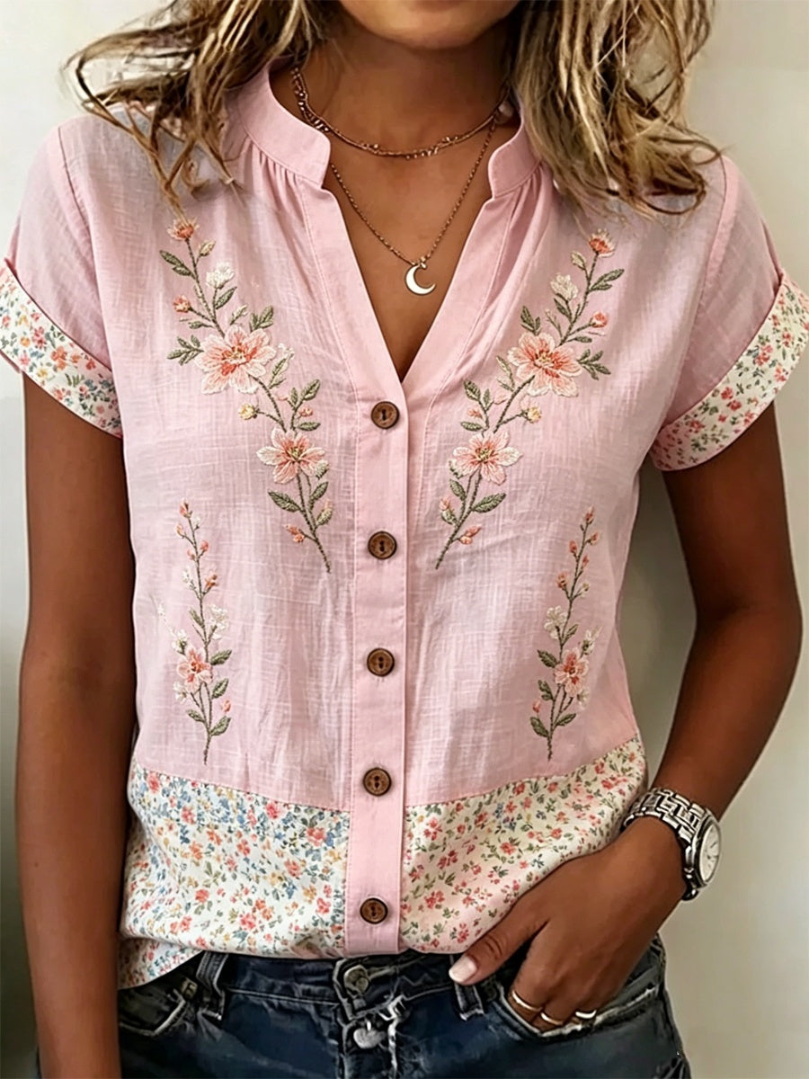 Women's Floral Patchwork-Print Linen Short-Sleeve Shirt