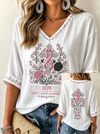 Women'S Breast Cancer Printed V-Neck Short Sleeve T-Shirt